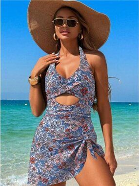 Cutout Printed Halter Neck One-Piece Swimwear